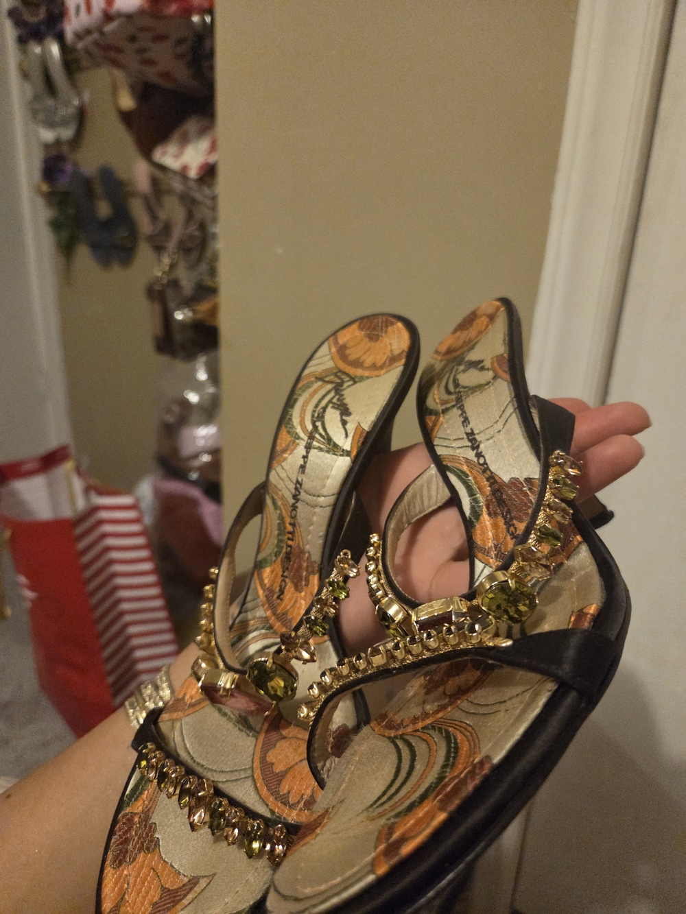 Giuseppe Zanotti Black and Gold Crystal-Embellished Heeled Sandals - Picture 4 of 8
